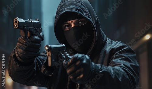 Attacker with a gun in his hand pointing at someone wearing a black mask and a hooded jacket, front view. Theme of robbery or assault