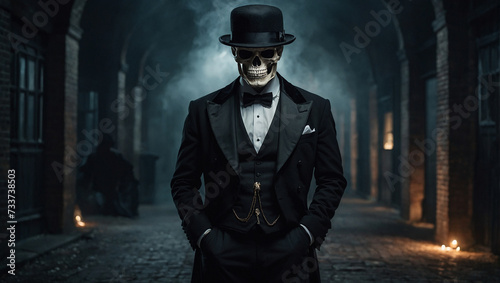 A skull jaw with teeth instead of a head, wearing black trousers, a tailcoat and a black gentleman's hat, holding a cane. generative AI