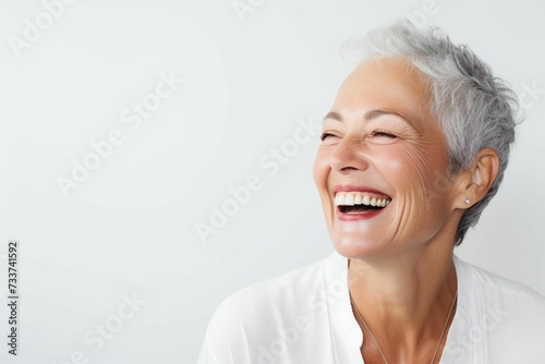 Elderly woman smiling widely with silver hair against her white wall background. Ai generated