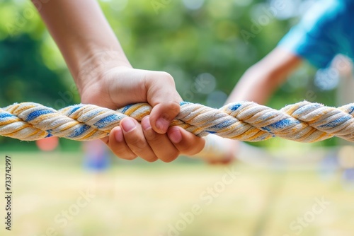 kid children hands holding rope playing tug of war during joint outdoors games on sunny day.Game, challenge, unity, responsibility, cooperation, ready, help, Outdoor activity game.tug of war. teamwork