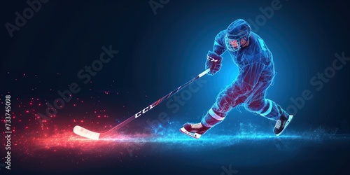 Abstract silhouette of a hockey player from particles. Dots, lines, triangles text color effects and background on a separate layers. Low poly neon wire outline geometric polygonal illustration