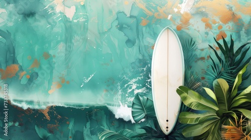 White surfboard on a tropic beach with palm trees around, illustration