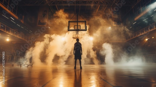 Basketball player standing in front of a basketball hoop, wide angle shot, smoke and light effect