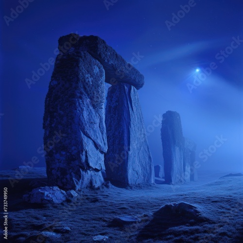 The beautiful megalithic in the morning displays a streak of blue light accompanied by a haze of smoke covering the rocks. Good for blogs, history, cultural parks, traveling etc. Generative Ai