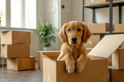 moving, a dog in a cardboard box