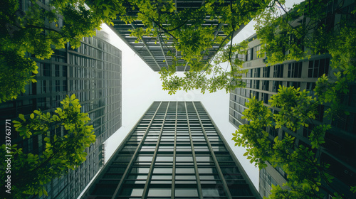 Modern office building with green trees in the foreground. Concept of business and success