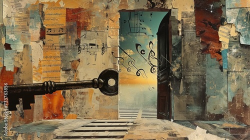 Key and music notes against old room with wooden floor. Surreal collage with torn paper.