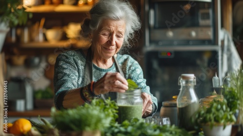 An elderly woman preparing a fresh green smoothie from herbs and vegetables in her kitchen at home. Healthy lifestyle, active aging, and home cooking concept.