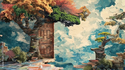 Mystical landscape with door to another world. Grunge torn paper vintage collage.
