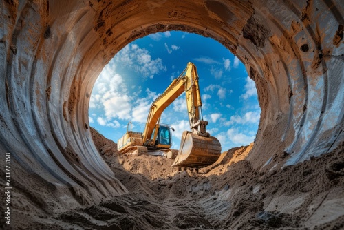 A powerful caterpillar excavator digs the ground against the blue sky. View from a large concrete pipe