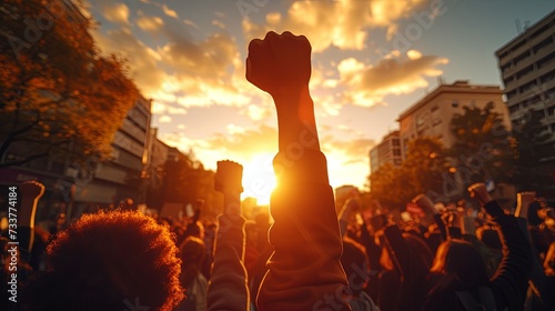 Backlit silhouettes of a diverse group of individuals raising their fists in solidarity against an urban skyline at sunset.