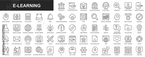 E-learning web icons set in thin line design. Pack of university, online education, knowledge, global, audio book, video lesson, course, cloud processing, test, other. Outline stroke pictograms