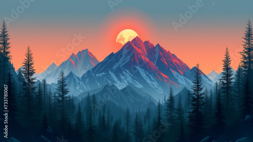 Spectacular Sunset Over Snow-Capped Peaks and Lush Forests