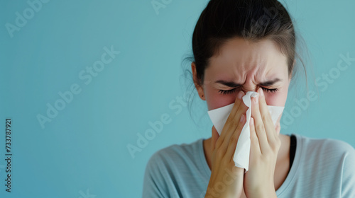 a girl blows her nose in a handkerchief, has a cold or an allergy