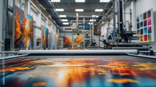 Artwork being printed on large canvas, print machine in background inside clean modern area. Generative AI.