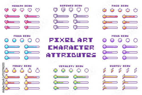 Pixel Art Game Bars: Health Bar, Mana Bar, Energy, Defense Armor, Money, Rage Bars and Signs Like Heart, Shield, Coin, Flame, Potion, Bag of Gold for Retro Pixel Game UI Design. 8-bit Elements.