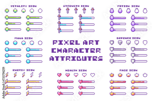 Pixel Art Y2K Character Attributes Set. 8bit Heath Bar, Mana Bar, and also Bars of Energy, Armor, Vitality, Rage, Strength, and Loading. Pixel Retro Game UI Elements, Icons, Symbols, Signs and Assets