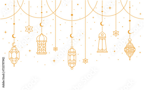 Ramadan Kareem and Eid Mubarak Arabian lamp lanterns decorations, vector background. Islam holiday Muslim ornament of golden stars, crescent moon and hanging lantern lamps for Ramadan Kareem greeting