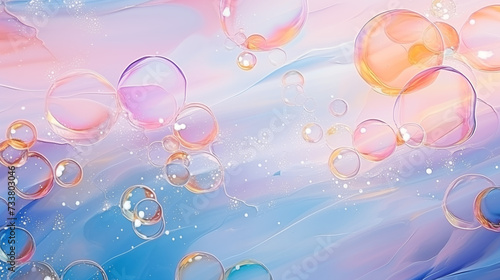 Delikatne różowo - niebieskie tło z bańkami mydlanymi - abstrakcyjne bąbelki z farbą akrylową