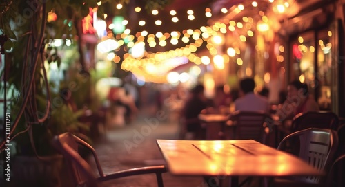 Vibrant Nightlife: Outdoor Bar and Restaurant Bokeh Background with Friends Celebrating and Enjoying Music Together