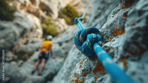 A close-up of a secure knot on a climbing rope with a climber ascending in the background, highlighting the themes of adventure, safety, and the spirit of mountaineering