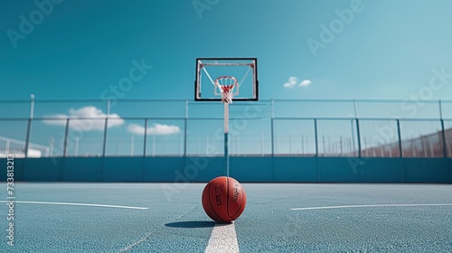 A basketball on an outdoor court with a clear sky, encapsulating the essence of sports, outdoor activities, and the pursuit of athletic dreams