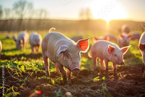 Pigs and piglets in muddy pasture at sunset.
