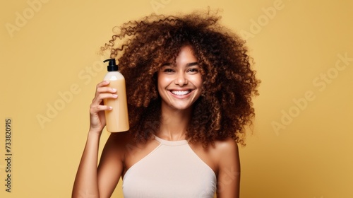 closeup of beautiful young model woman with curly hair holding bottle of shampoo or conditioner hair product. Mock up, advertising for care and beauty hair product. Concept promotion cosmetic product