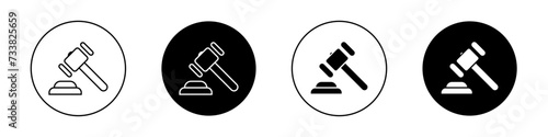 Law Icon Set. Law gavel judge hammer vector symbol in a black filled and outlined style. Justice Delivered Sign.