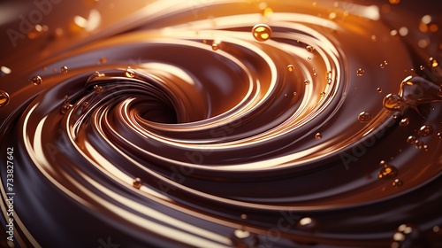 An enlarged view of a twirling, melted dark chocolate texture backdrop and big copy space, Generative AI.