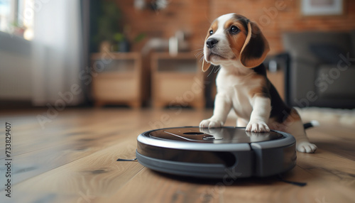 Cute purebred beagle puppy dog portrait on the living room laminate on the modern vacuum cleaner robot smart device while it cleaning floor Allergy prevention during home pets Fur Moulting concept.