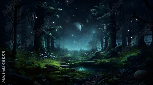 a green mossy forest with stars and a lake at night