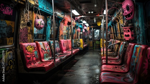 several colorful seats with graffiti on them are shown in an empty subway car