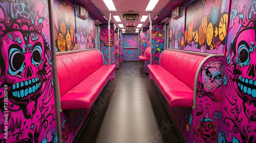 A graffiti-covered train car with seats covered in pink, barbie themed sugar skulls