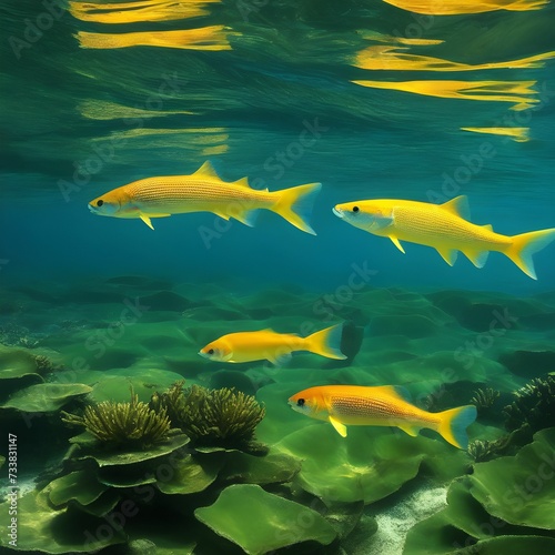 AI generated illustration of an underwater scene of a school of yellow fish swimming