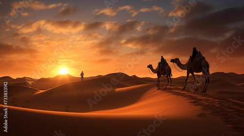 AI generated illustration of camels walking across a barren desert landscape at sunset