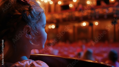 A little girl in a festive dress with braided hair sits on the balcony of the opera house and looks at the stage waiting for the performance. The child's first cultural visit to the theater.