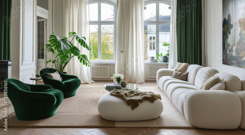 Gran salón clásico de lujo decorado con sofá blanco mesa central, butacas verdes, cuadro en pared, espacio abierto y dos grandes ventanales con vistas a la ciudad