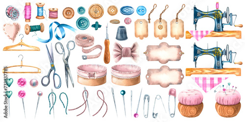 Sewing tools vintage set. Hand drawn watercolor illustrations of measuring tape, ribbon, sewing machine, safety pin, pincushion on isolated background. Bundle of sewing supplies for clipart