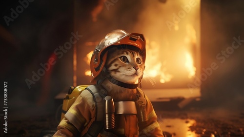 AI generated illustration of an adorable kitty cat dressed in a firefighter uniform