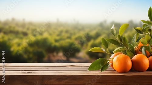 Rustic wooden table top with blurred background of the orange fruit plantation farm in summer sun, elective focus and blur background
