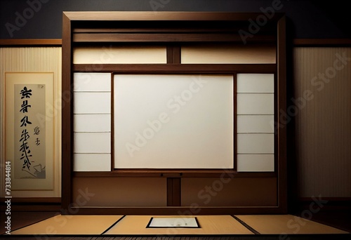 Frontal view of a traditional Japanese style shÅji as a blank background for Japanese themes. The paper walls in wooden frames let daylight into the interior. Generative AI
