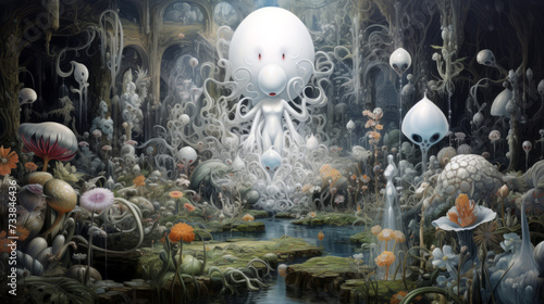 Fantasy landscape with octopus egghead in the garden. Digital painting