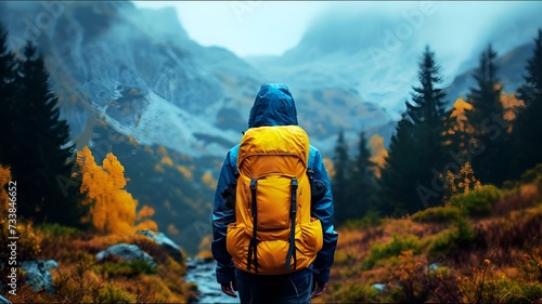 man hiking in the mountains in the rain with backpacks