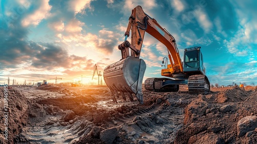 Panoramic image of yellow excavator in a mine at sunrise in the morning.