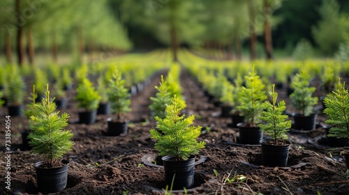 Reforestation pines in nursery with empty space a concept of plant trees, Generative AI.
