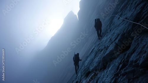 Hikers and mountaineers, hand in hand, helping each other