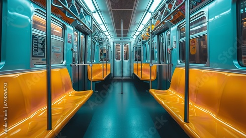 Standpoint from within a plain, hued subway car with seats and big copy space, Generative AI.
