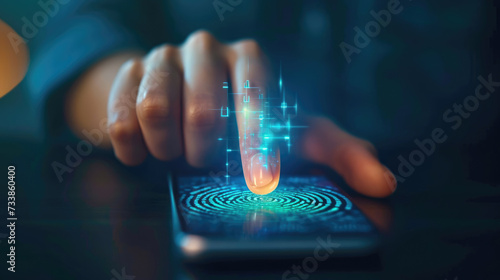 Person’s finger makes contact with a cell phone screen unlocking a smartphone with the touch of fingerprint. Biometric modern fingerprint technology