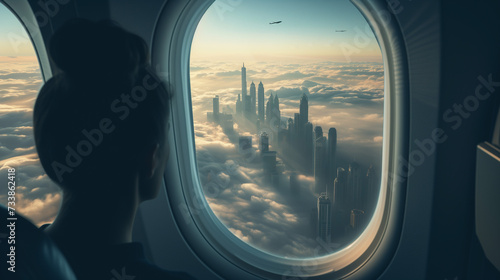 飛行機の窓から見える都市 女性の横顔